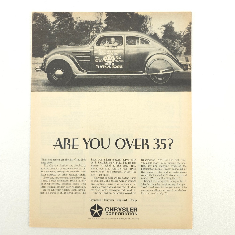 CHRYSLER Print Ad Airflow Sedan Advertising Promo Art Upcycled Decor Vintage 60s